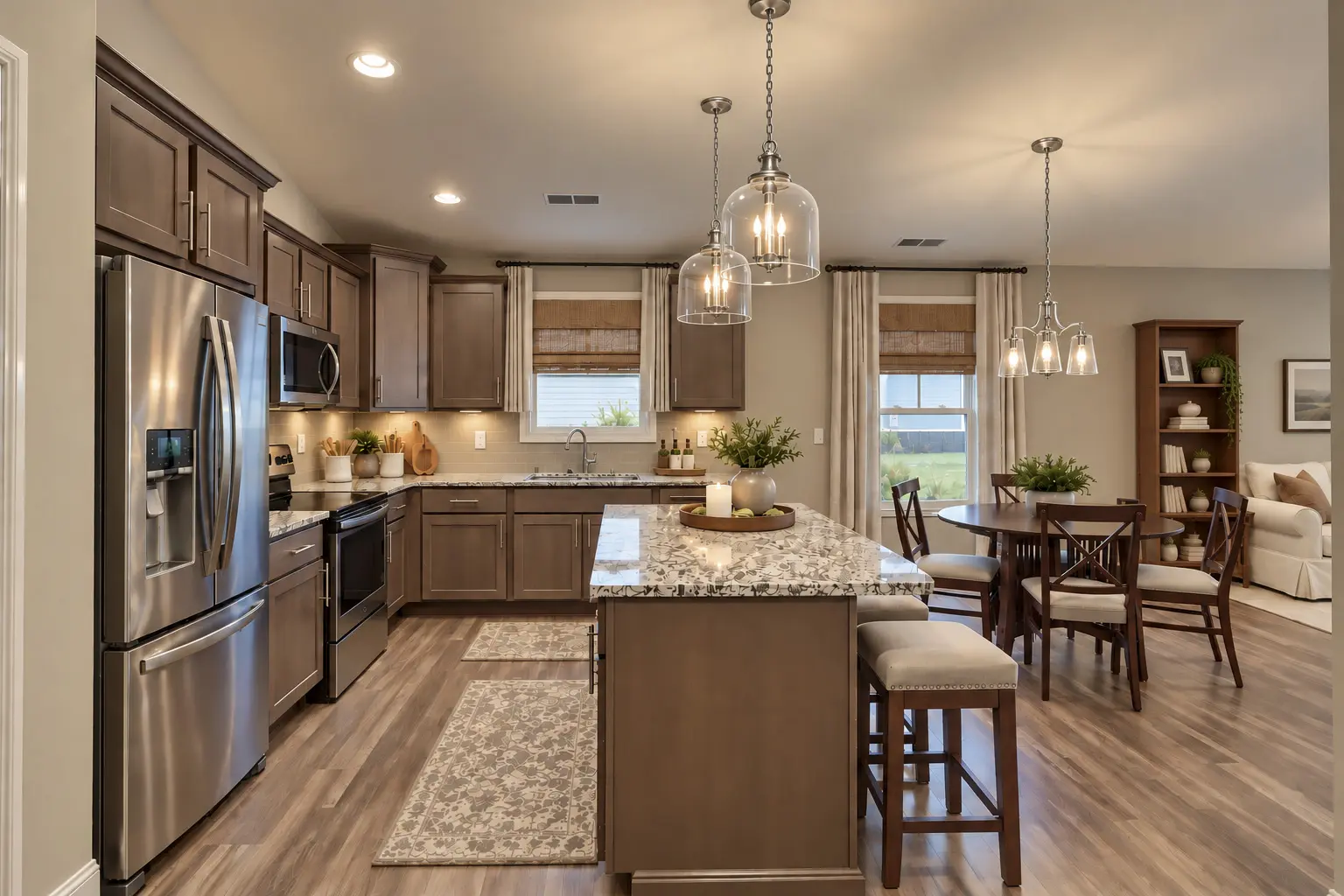 Spacious kitchen featuring brown cabinets and wood floor