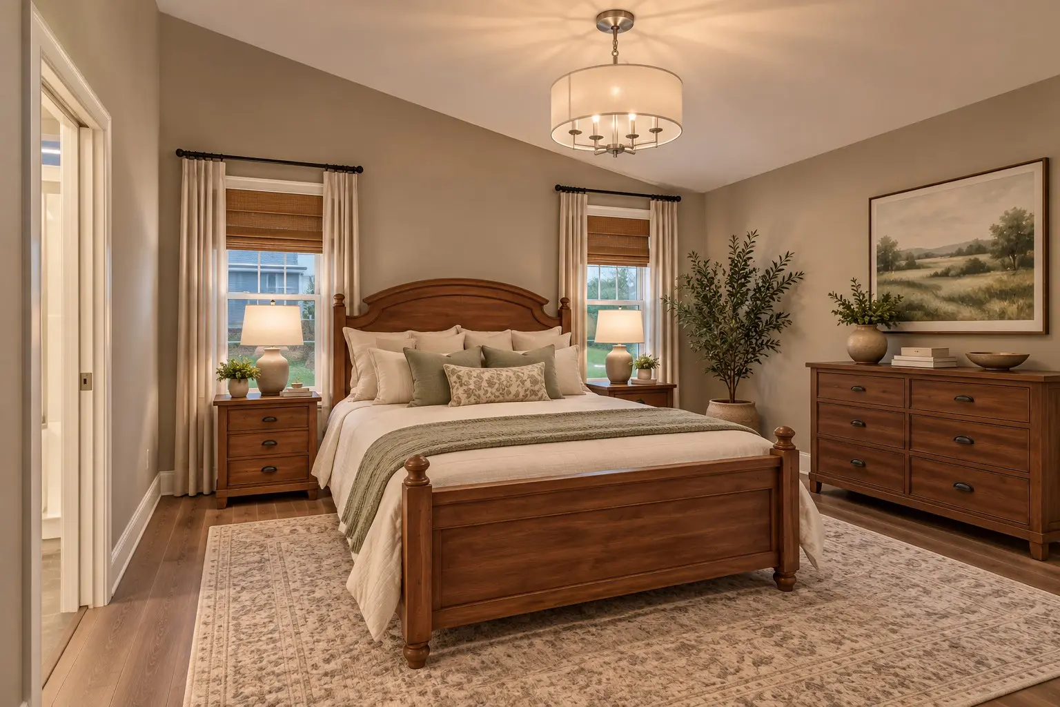 Cozy bedroom with wooden furniture