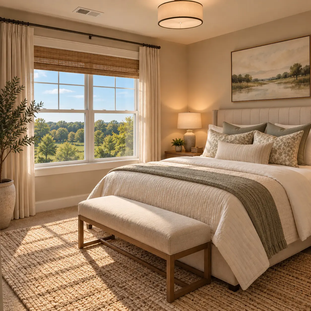 Modern bedroom with bench and painting