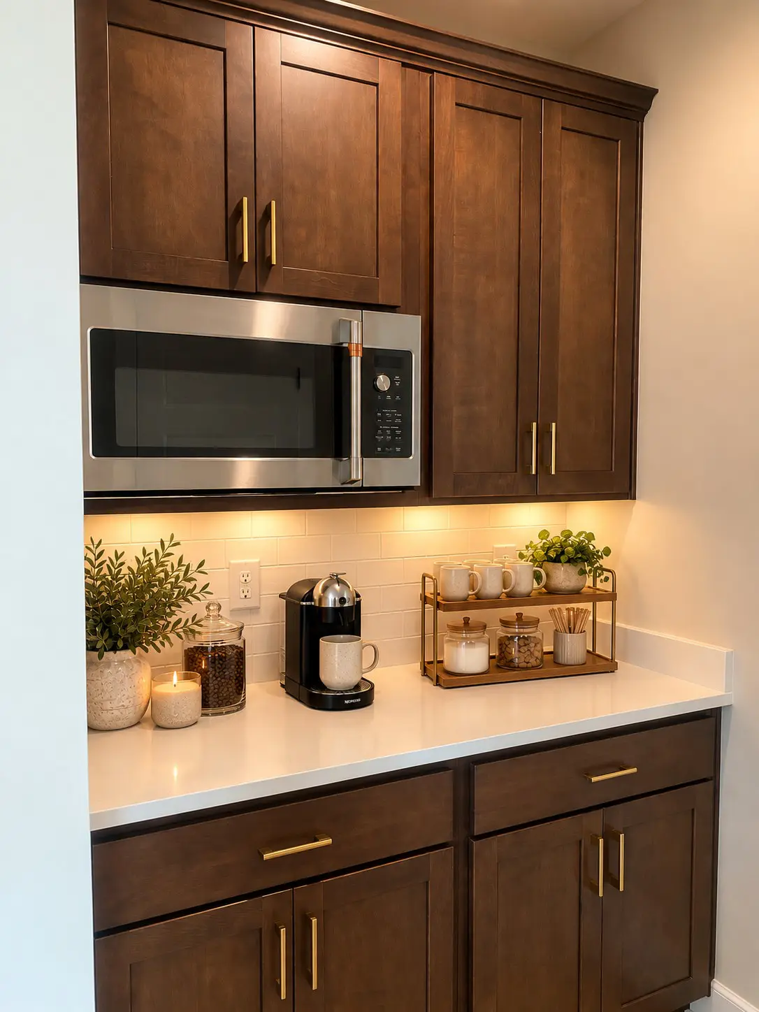 Stylish coffee station with plant and candles