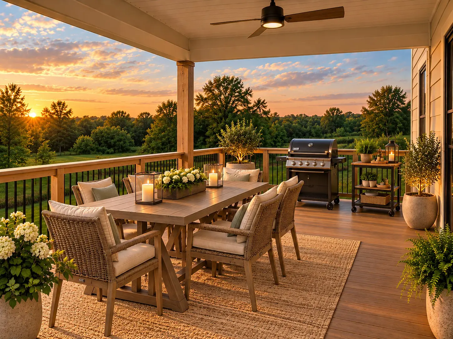 Outdoor deck with dining set and grill at sunset