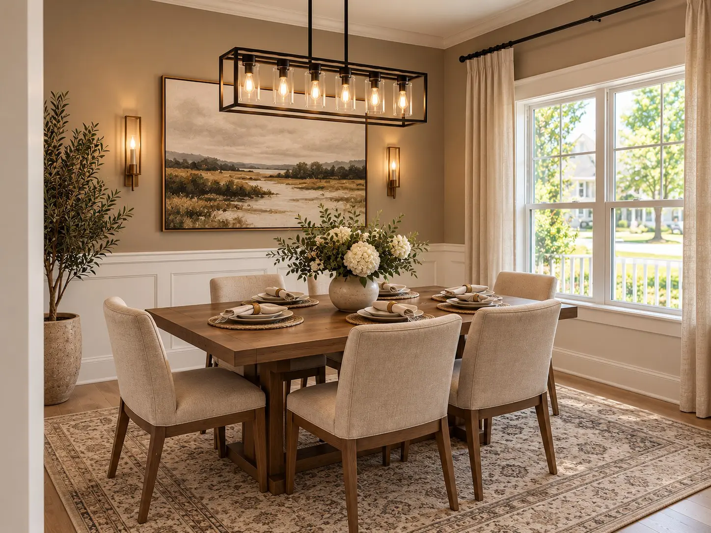 Stylish dining room featuring artwork and chandelier