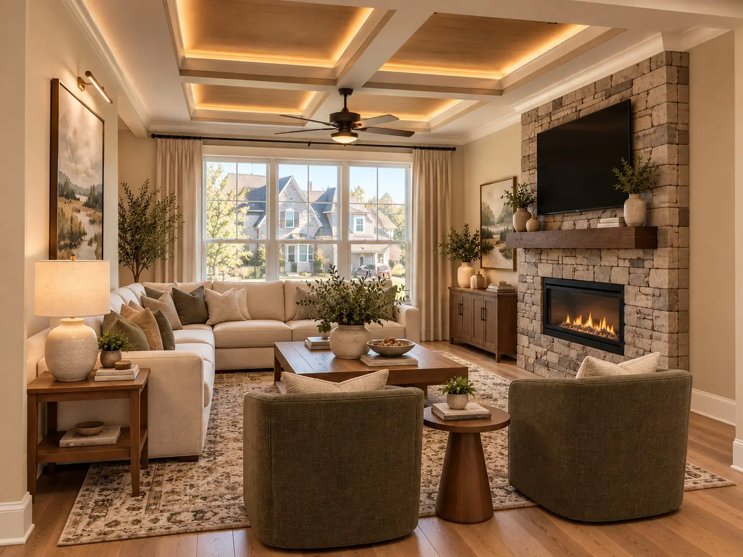 Modern living room with fireplace and large window