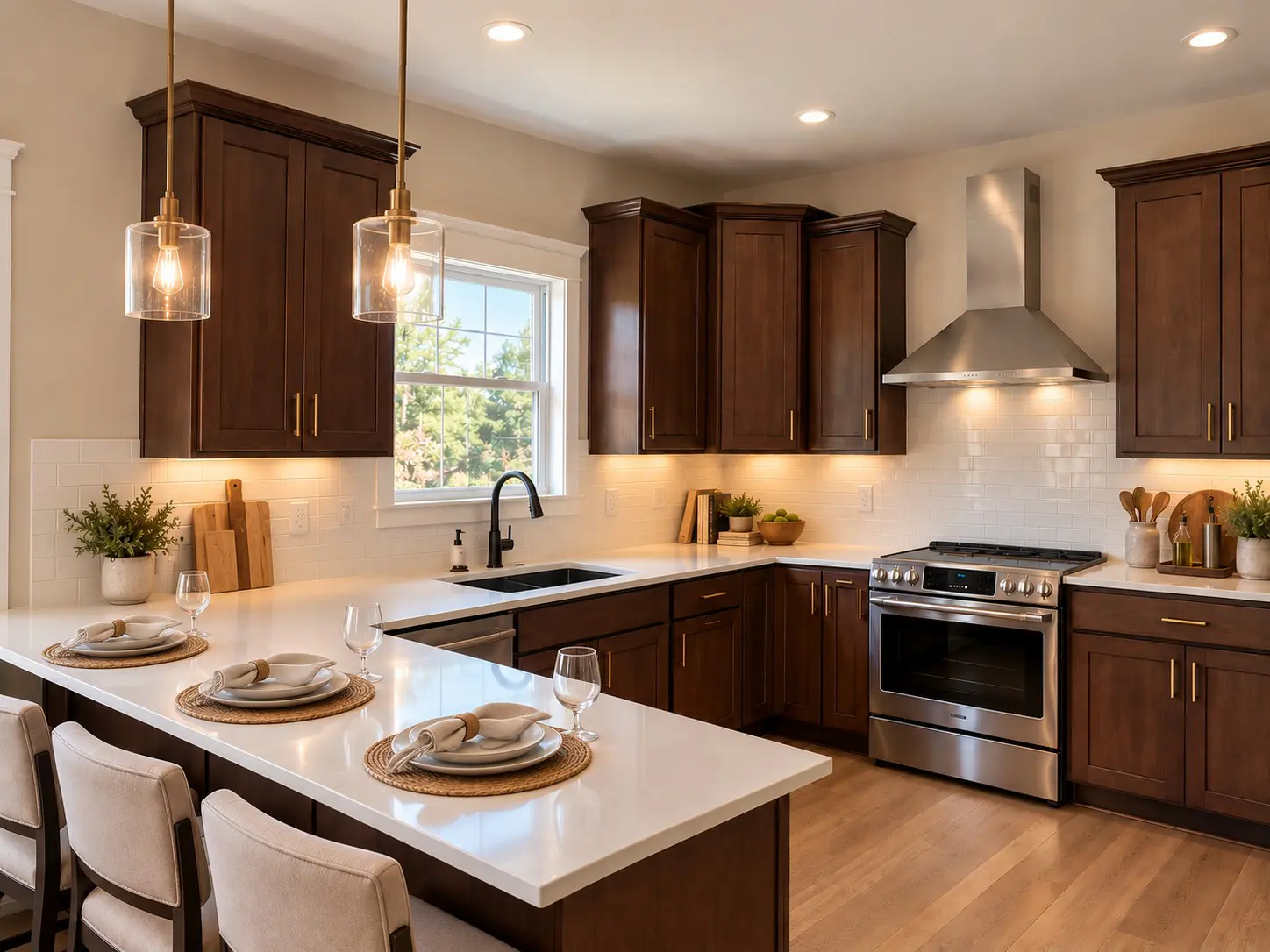 Stylish kitchen island with place settings