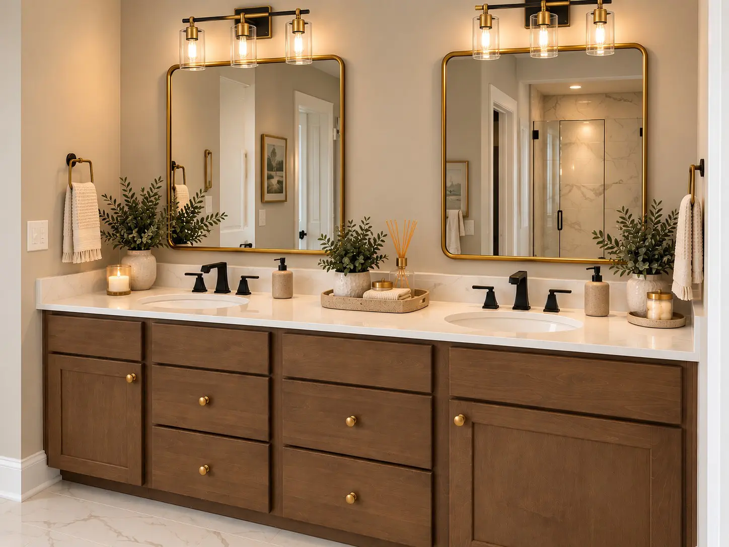 Elegant bathroom with gold mirrors and warm lighting