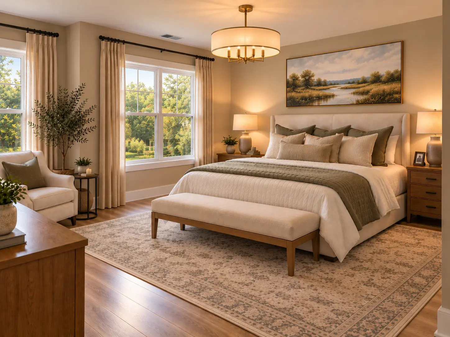 Modern bedroom with green accents and landscape art