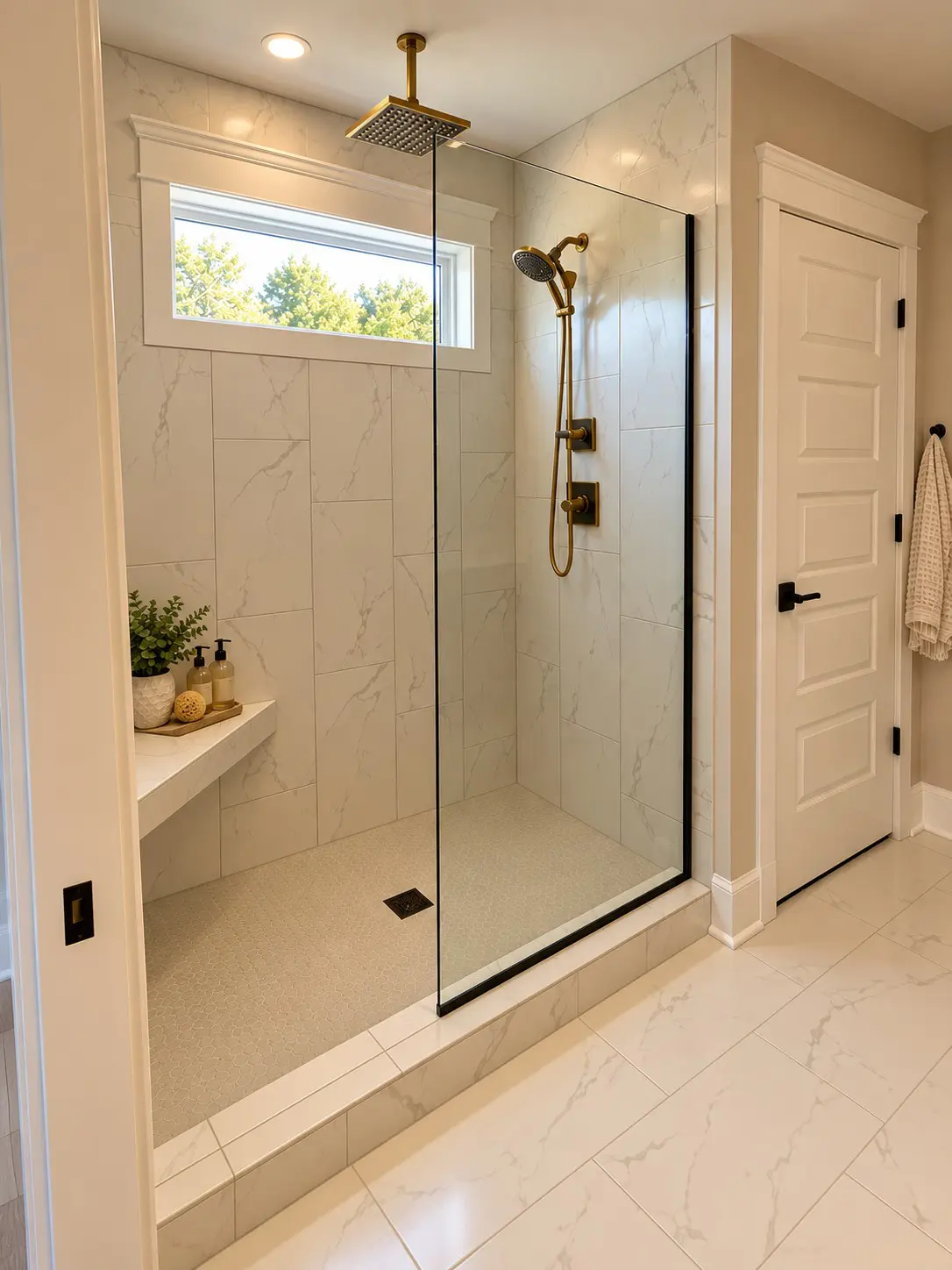 Modern walk-in shower with gold fixtures