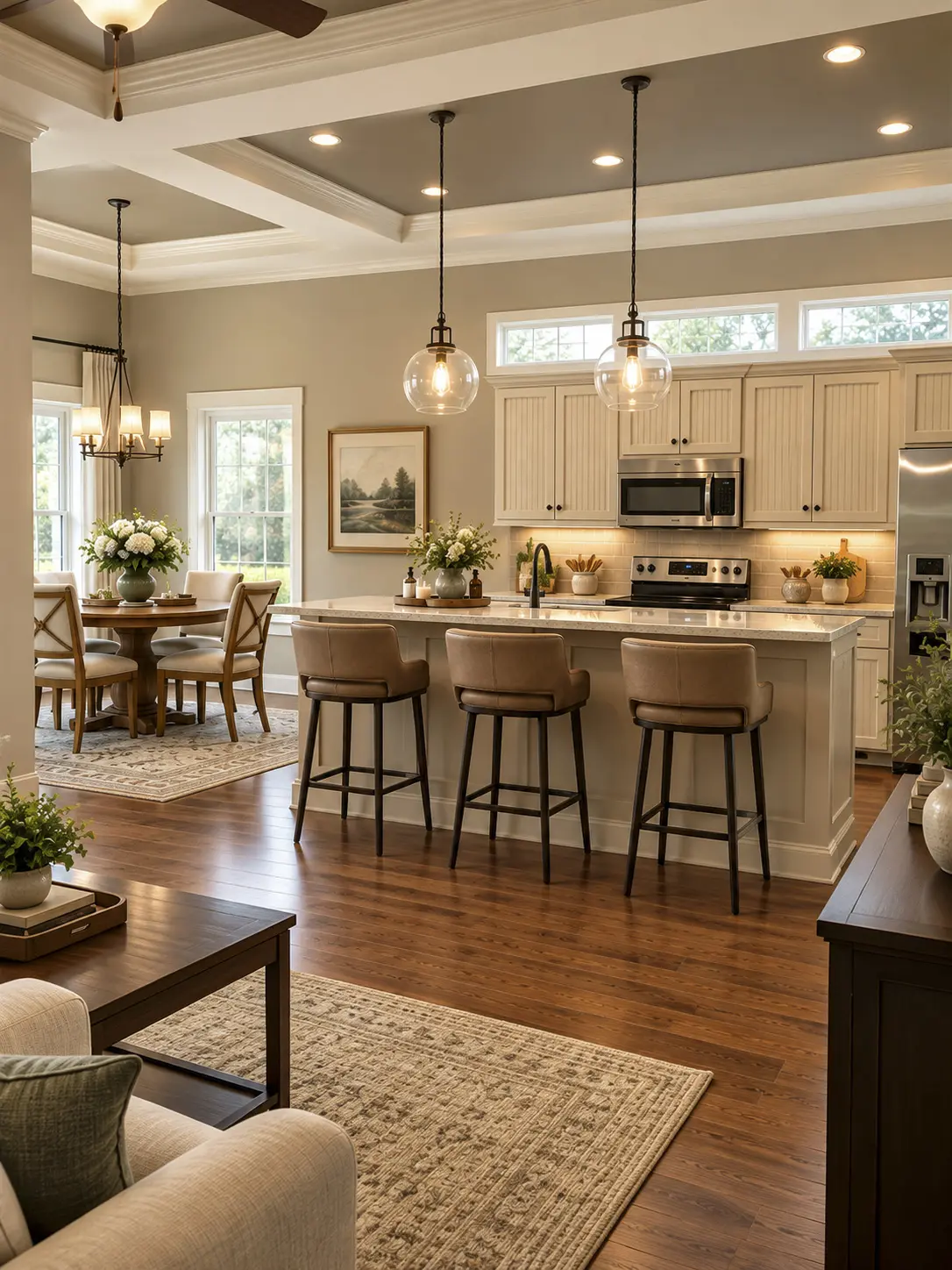 Open concept kitchen, dining, living room