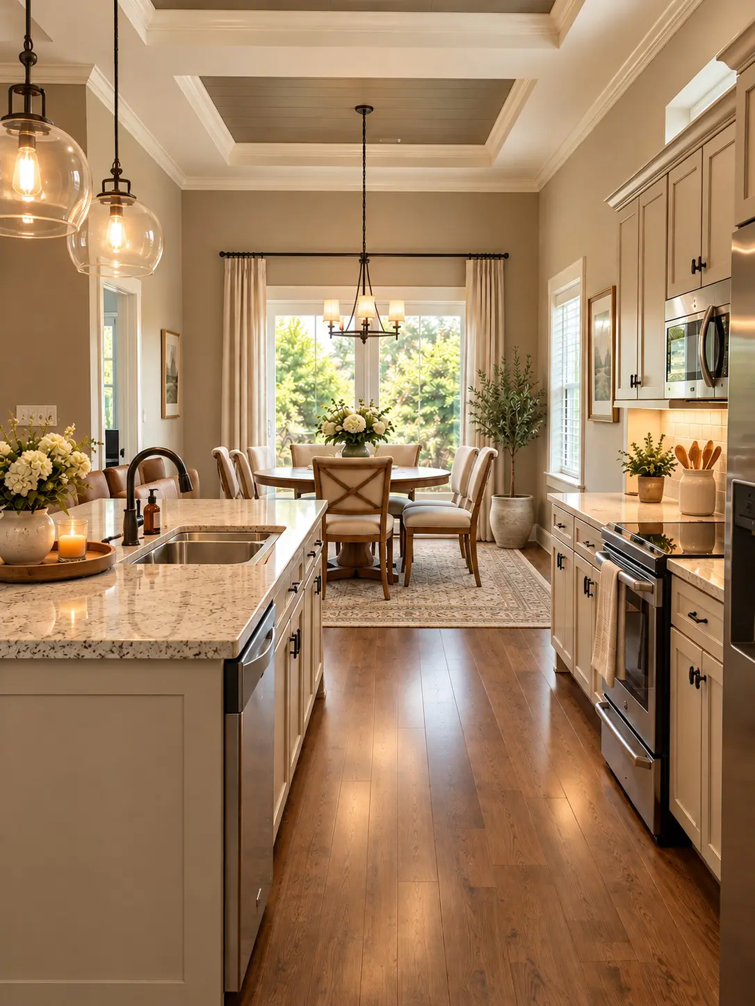 Spacious open-concept kitchen with dining area