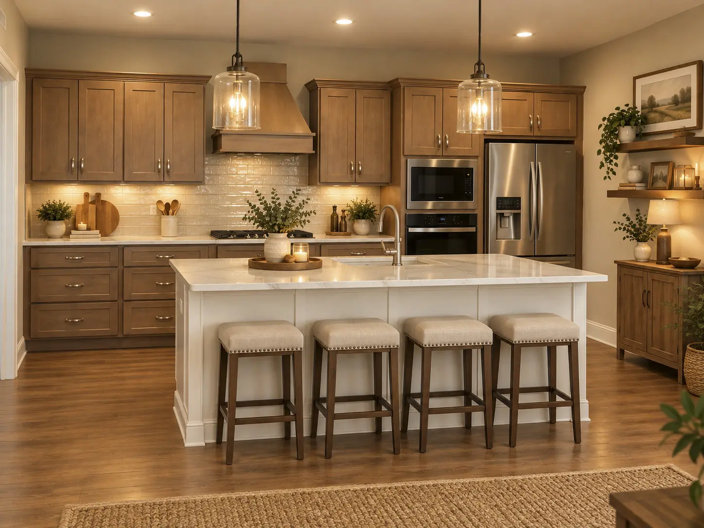 Cozy kitchen with warm lighting and decor