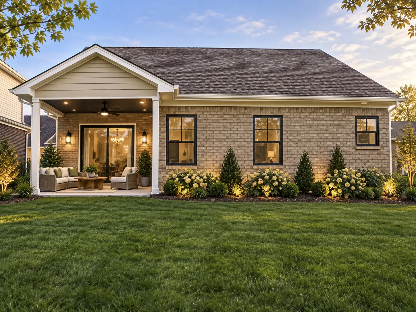 Backyard patio with outdoor furniture and landscaping