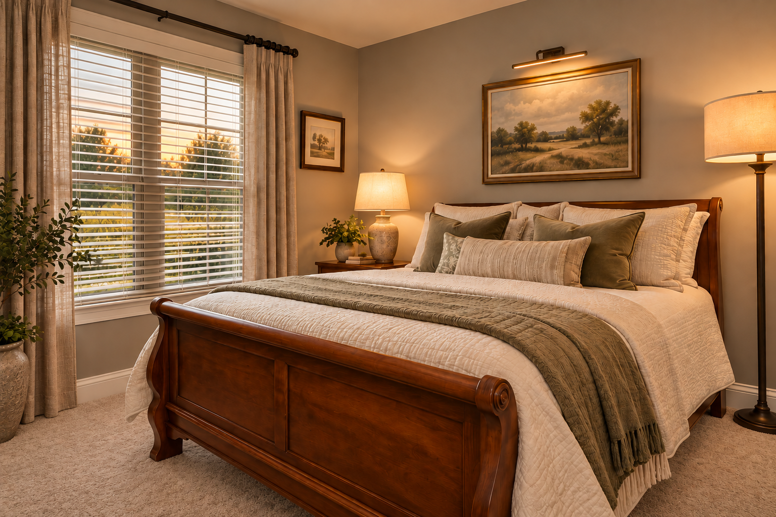 Serene bedroom featuring neutral tones and soft light