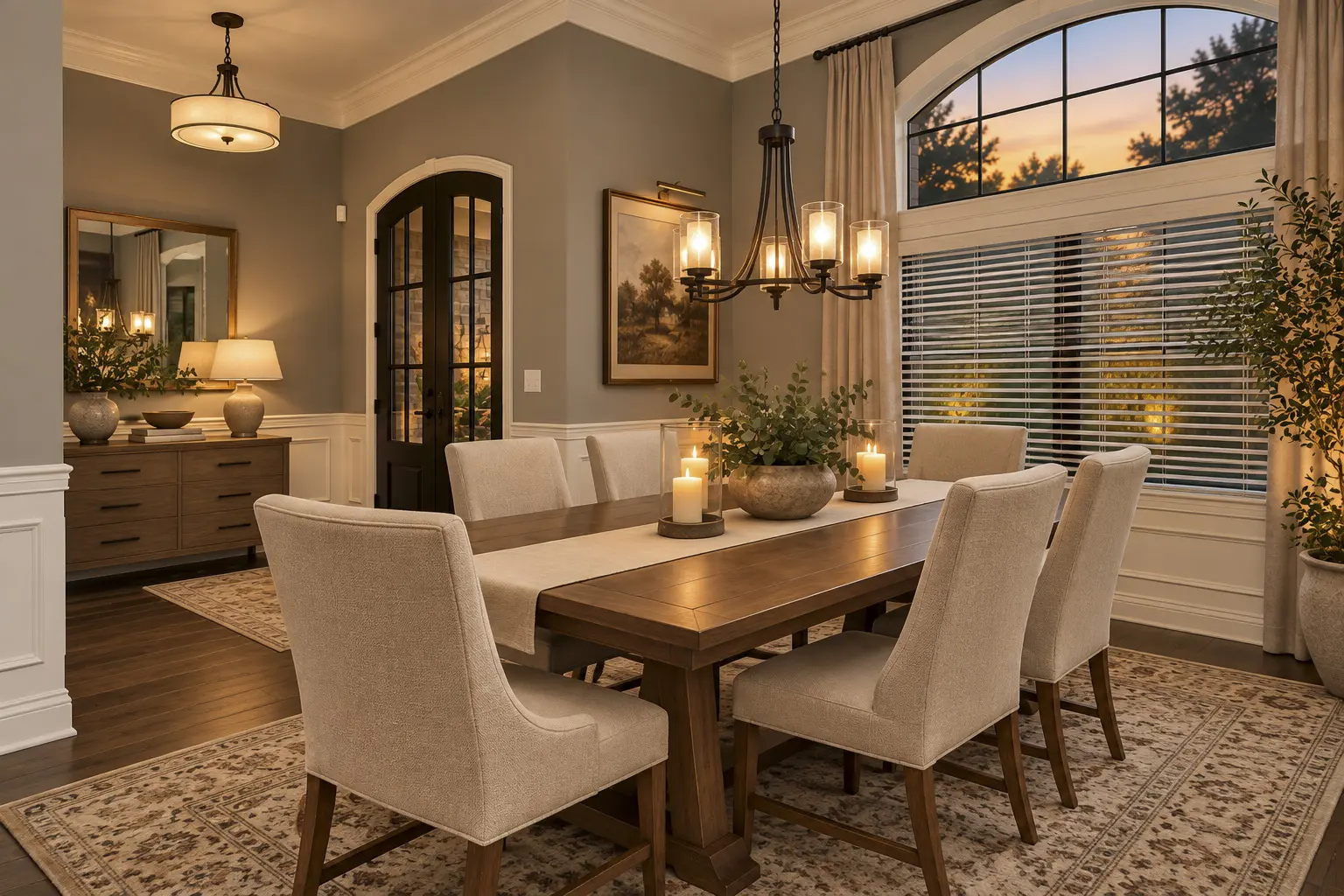 Cozy dining room with wooden table and upholstered chairs