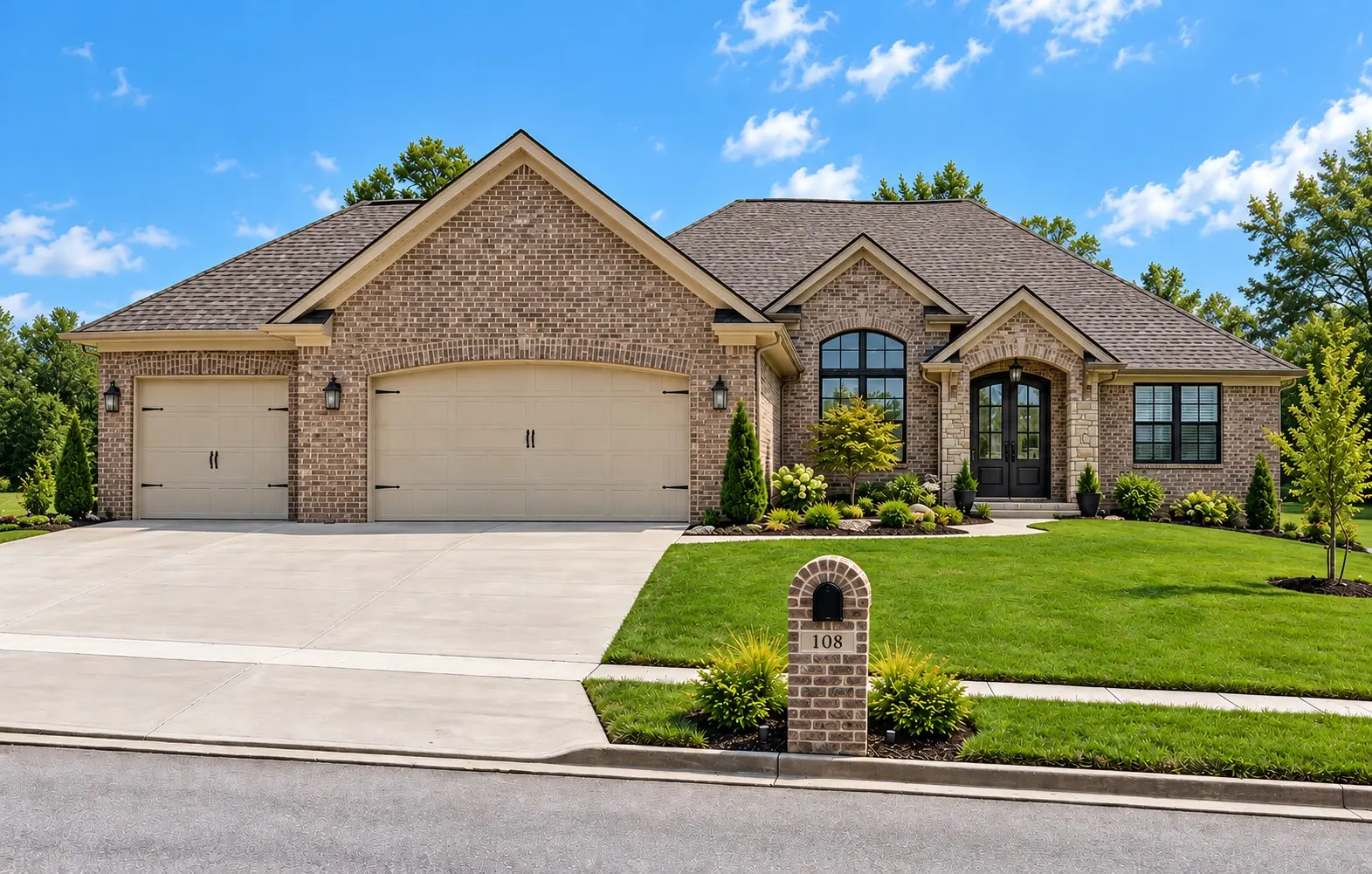 Large brick home with green lawn