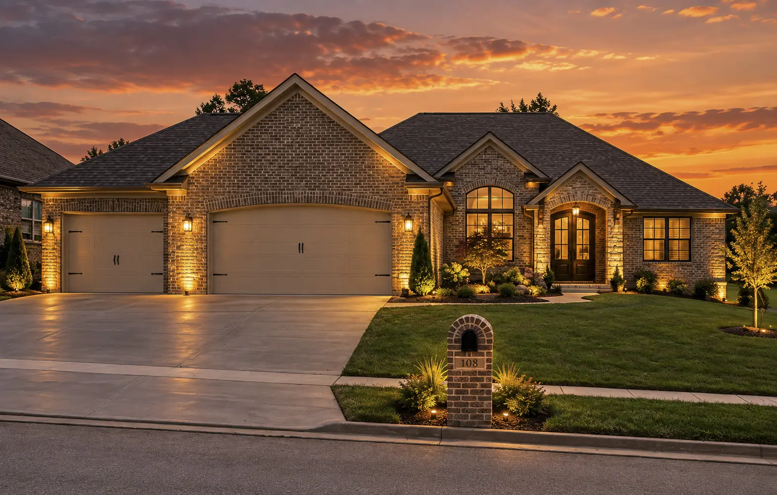 Brick house with sunset lighting
