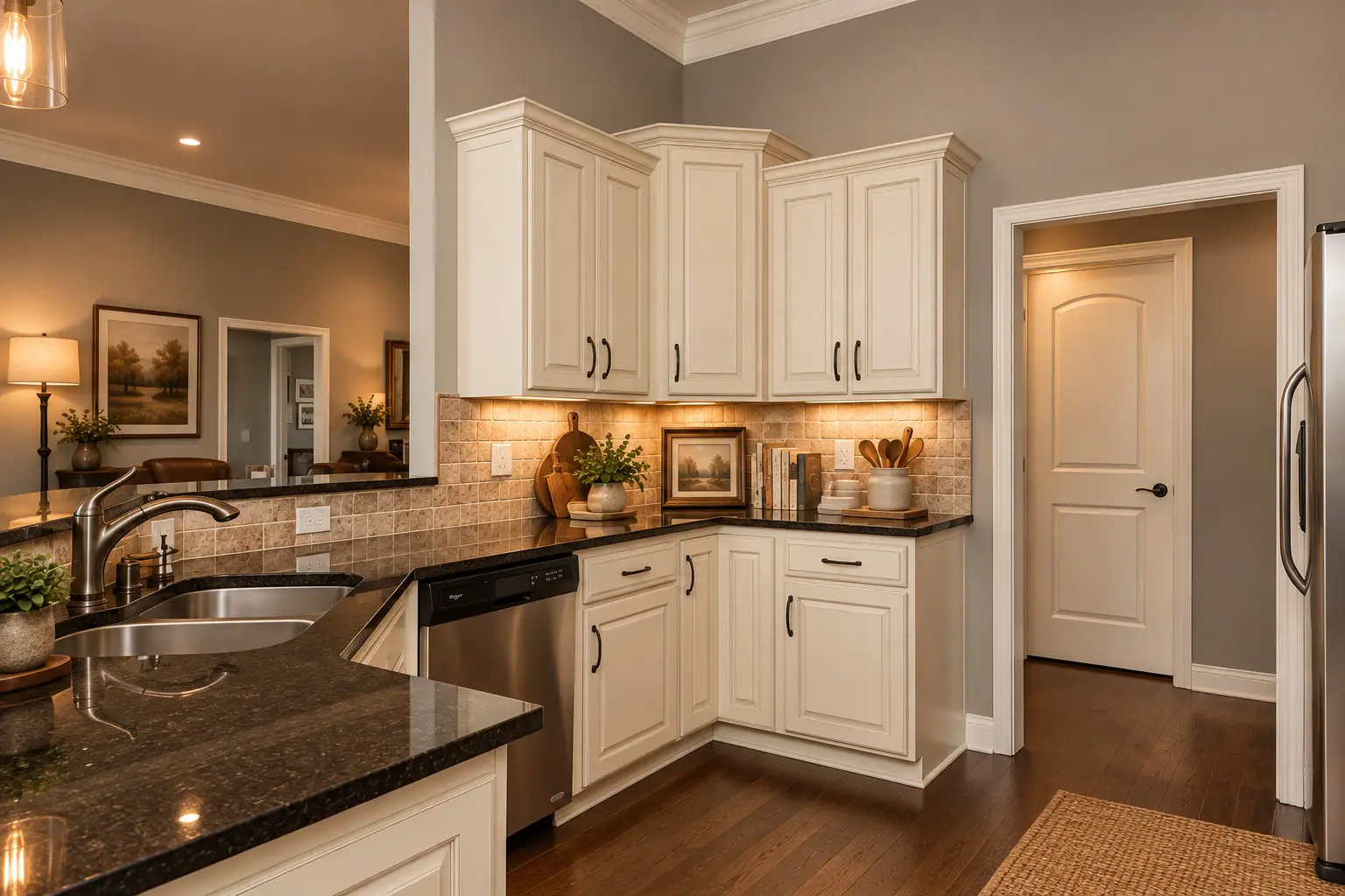 Stylish kitchen with dark countertops