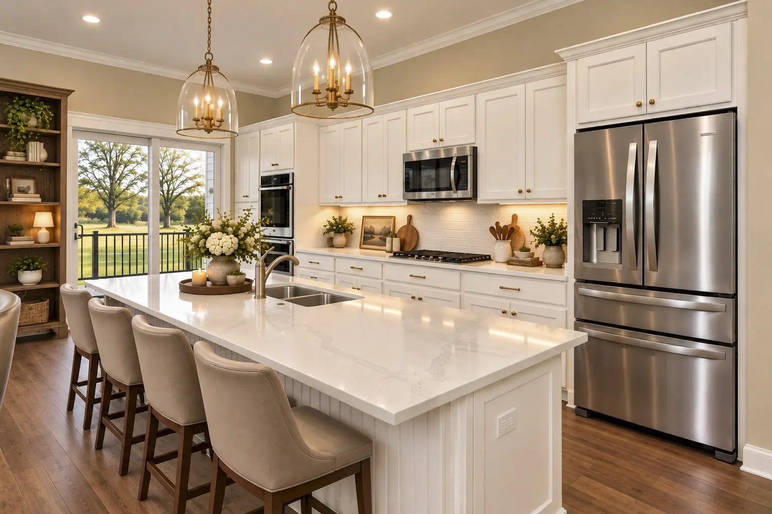 Bright modern kitchen with white cabinets and island
