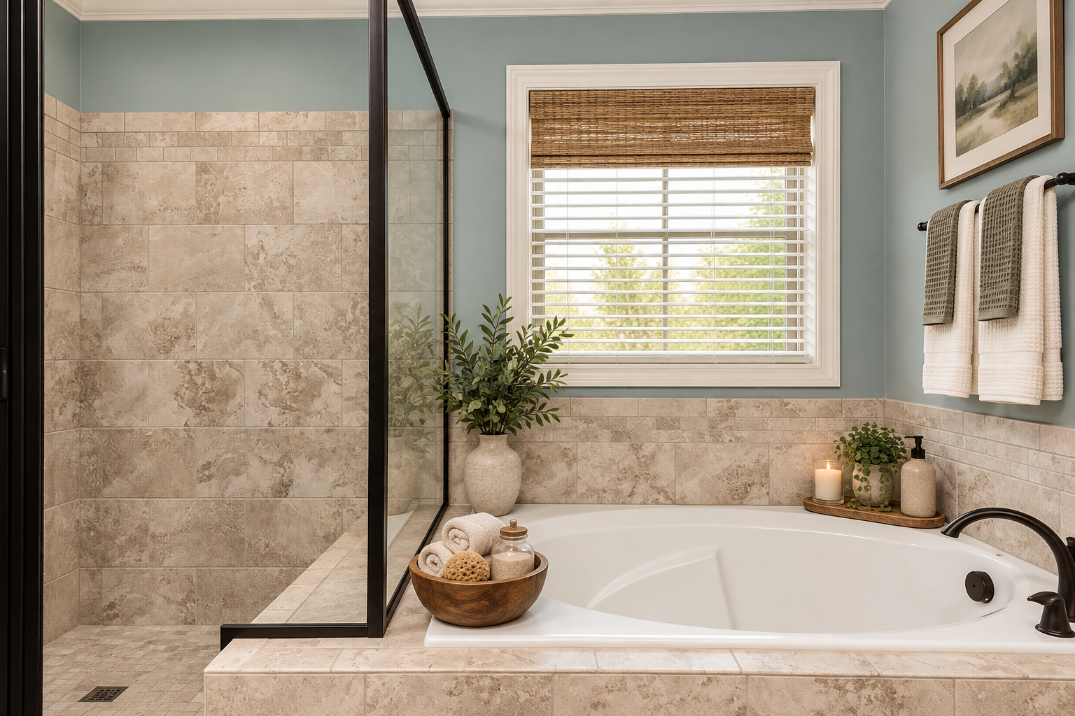 Luxurious bathroom with large tub and shower