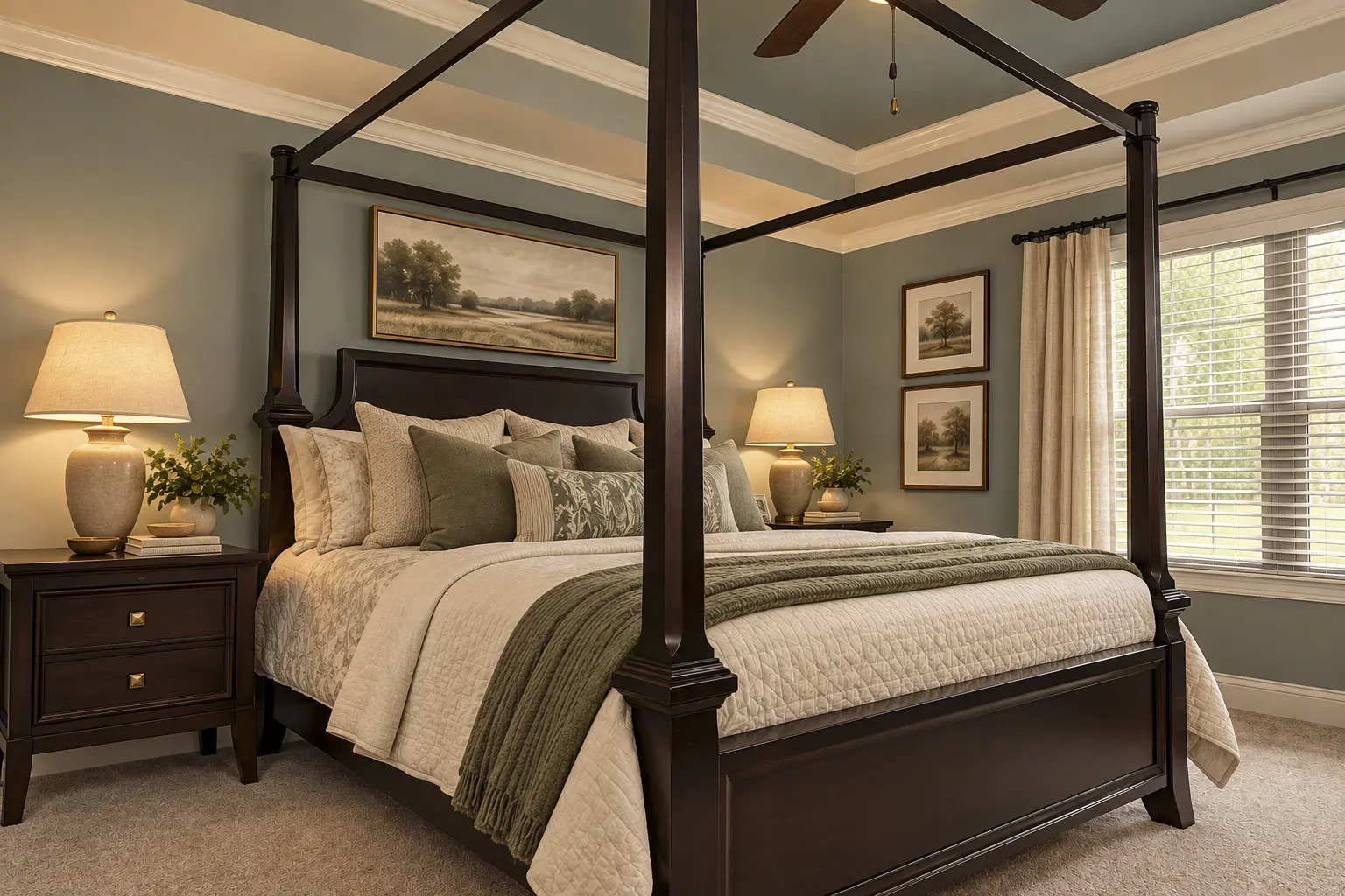 Elegant bedroom with dark wood canopy bed