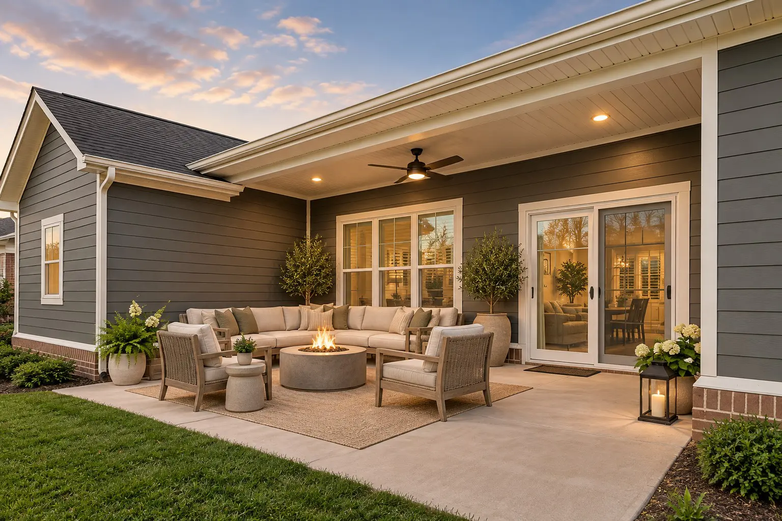 Outdoor patio with fire pit and seating