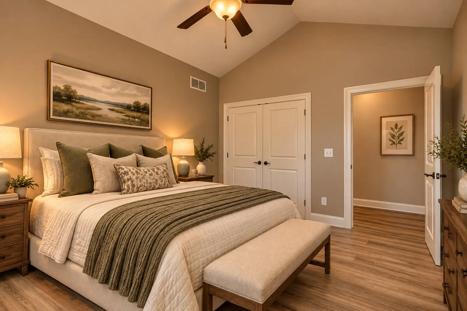Warm bedroom with comfortable bed and wooden furniture