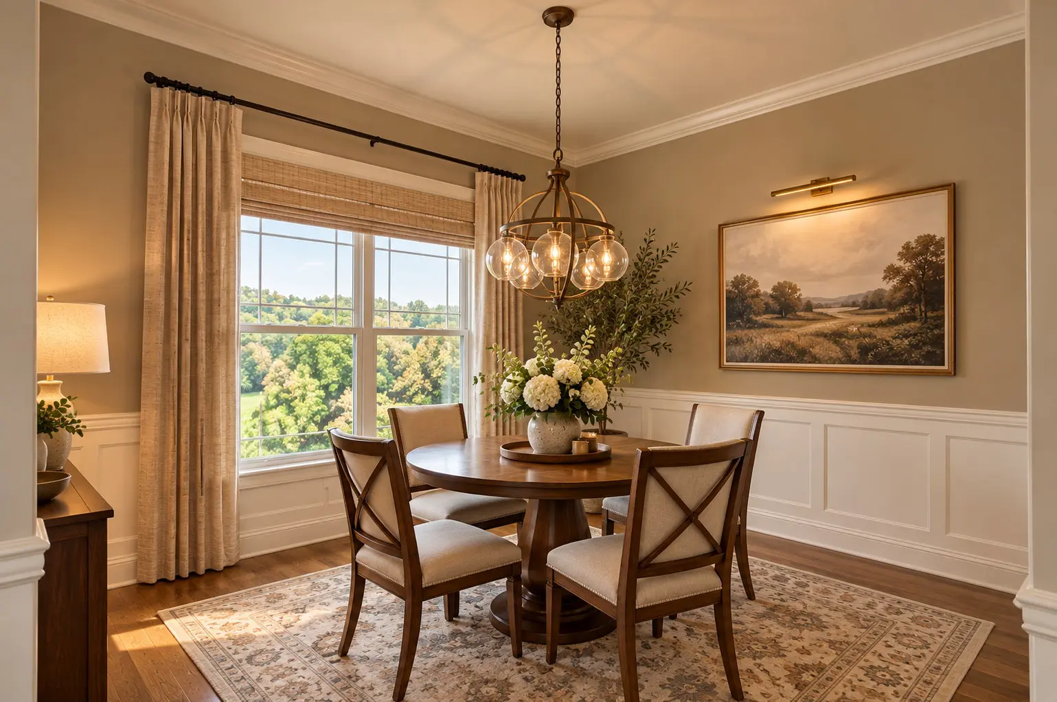 Elegant dining room with chandelier and landscape painting