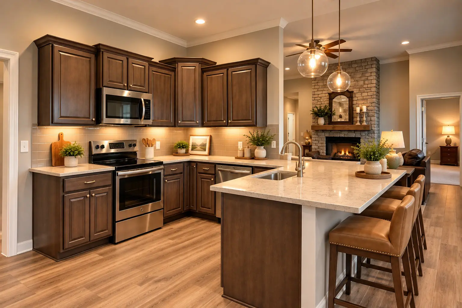 Modern kitchen with island and fireplace