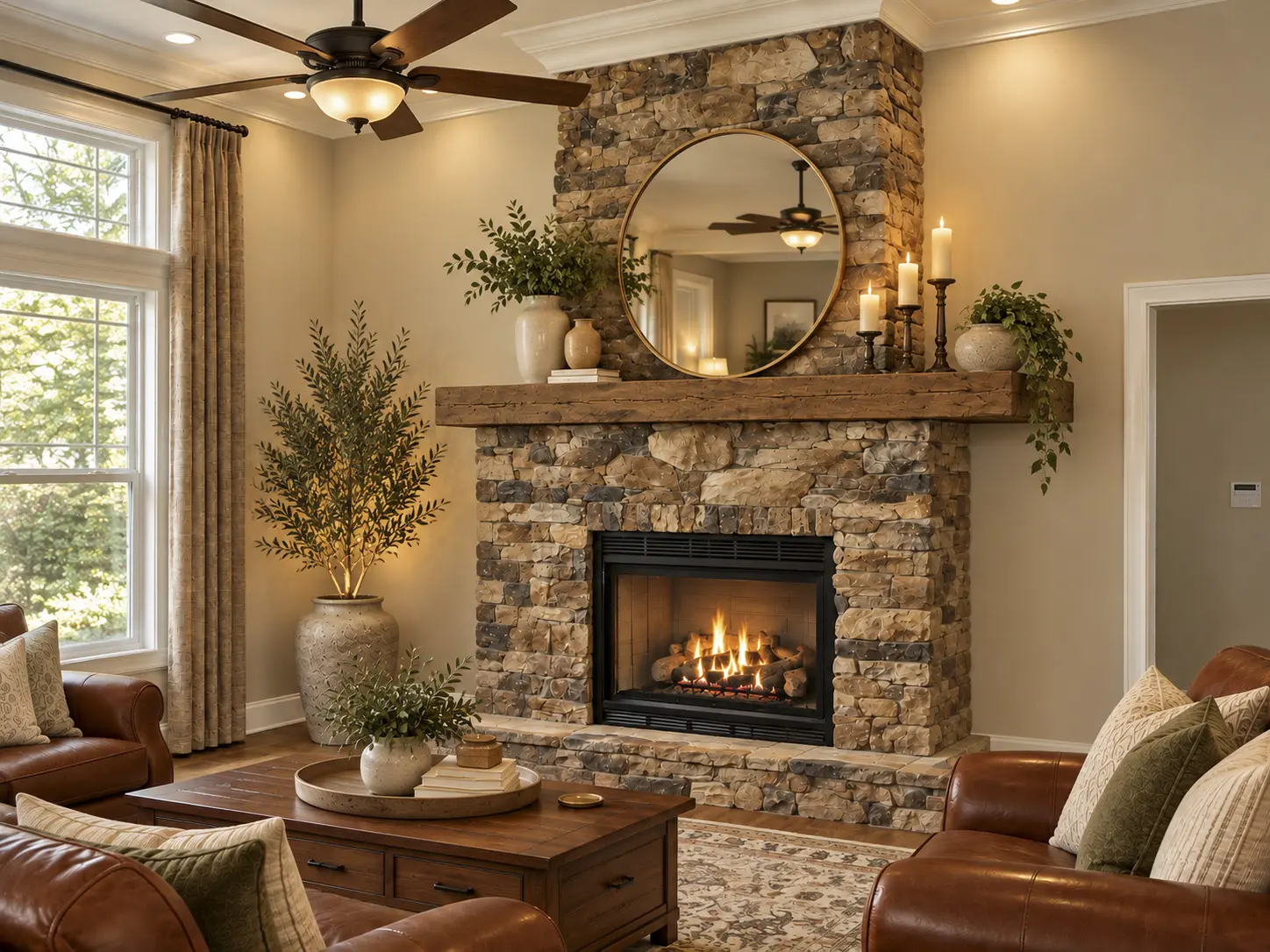 Cozy living room with stone fireplace and leather sofas