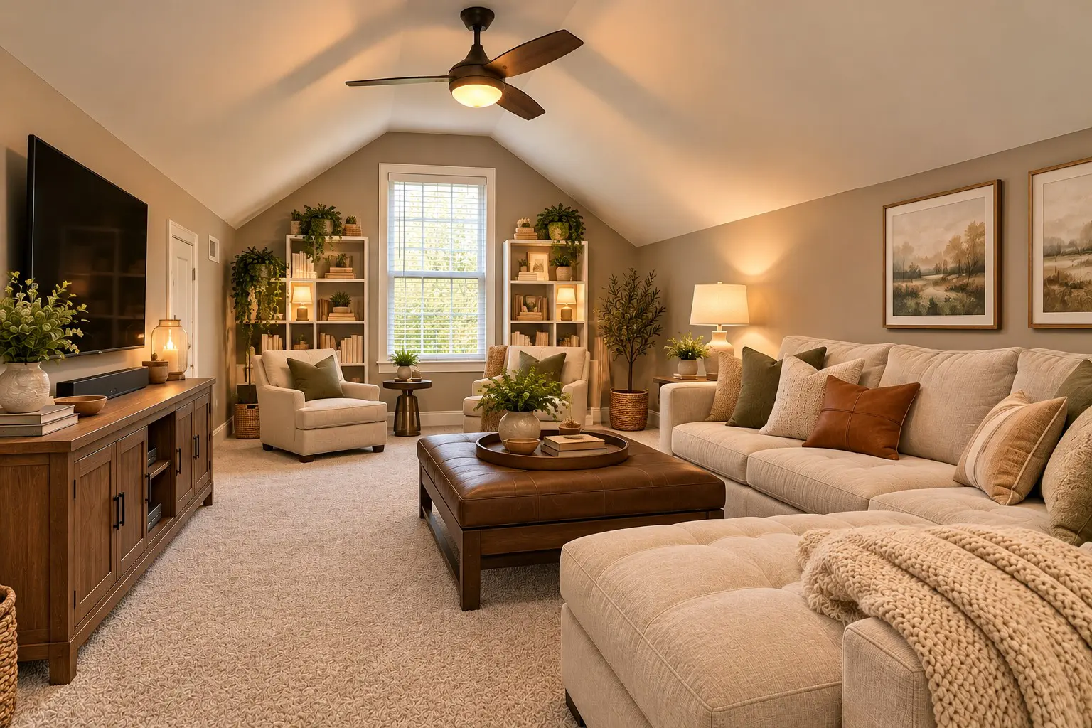 Neutral-toned living room with plants and decor