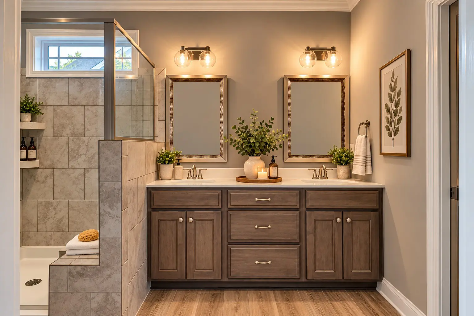 Modern bathroom with double vanity and walk-in shower