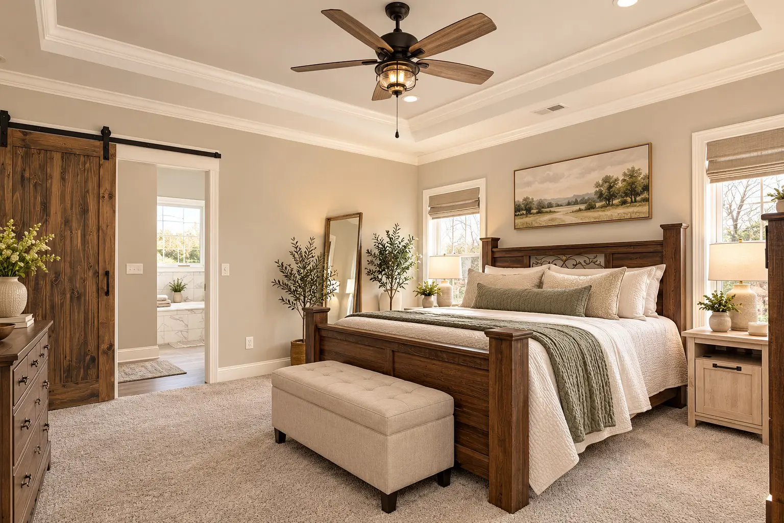 Modern farmhouse bedroom with wood furniture
