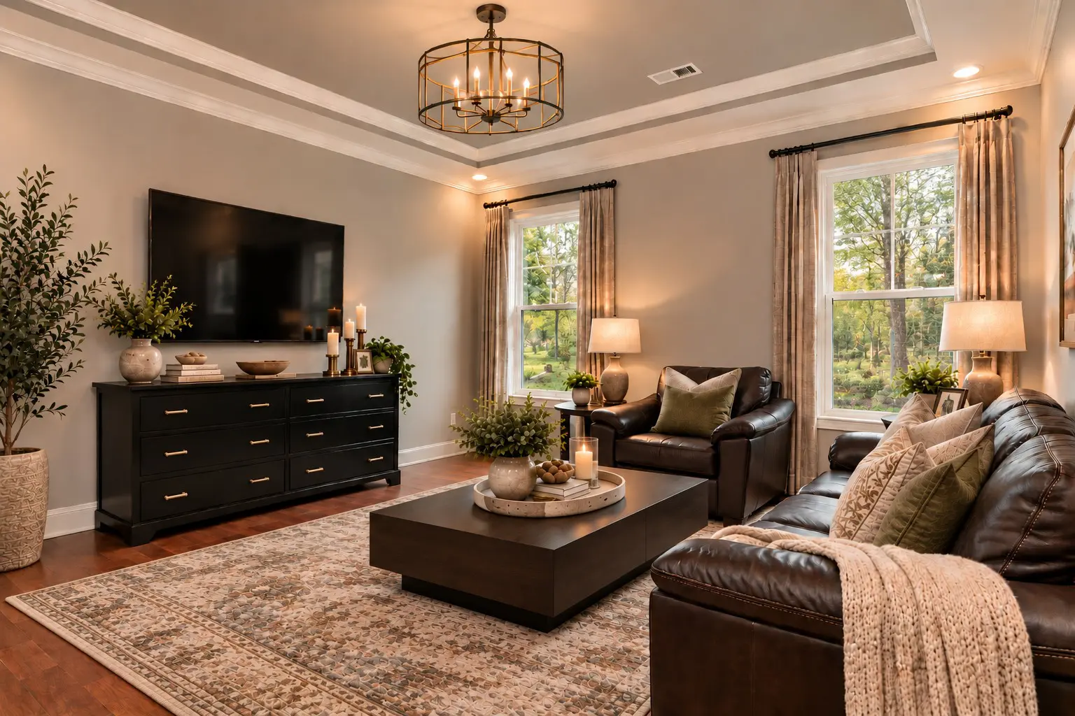 Cozy living room with brown leather furniture