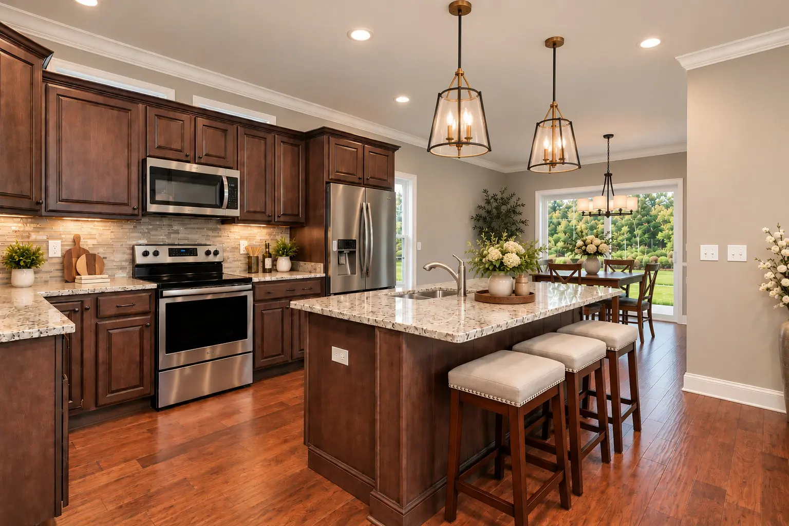 Stylish kitchen with granite countertops and bar stools