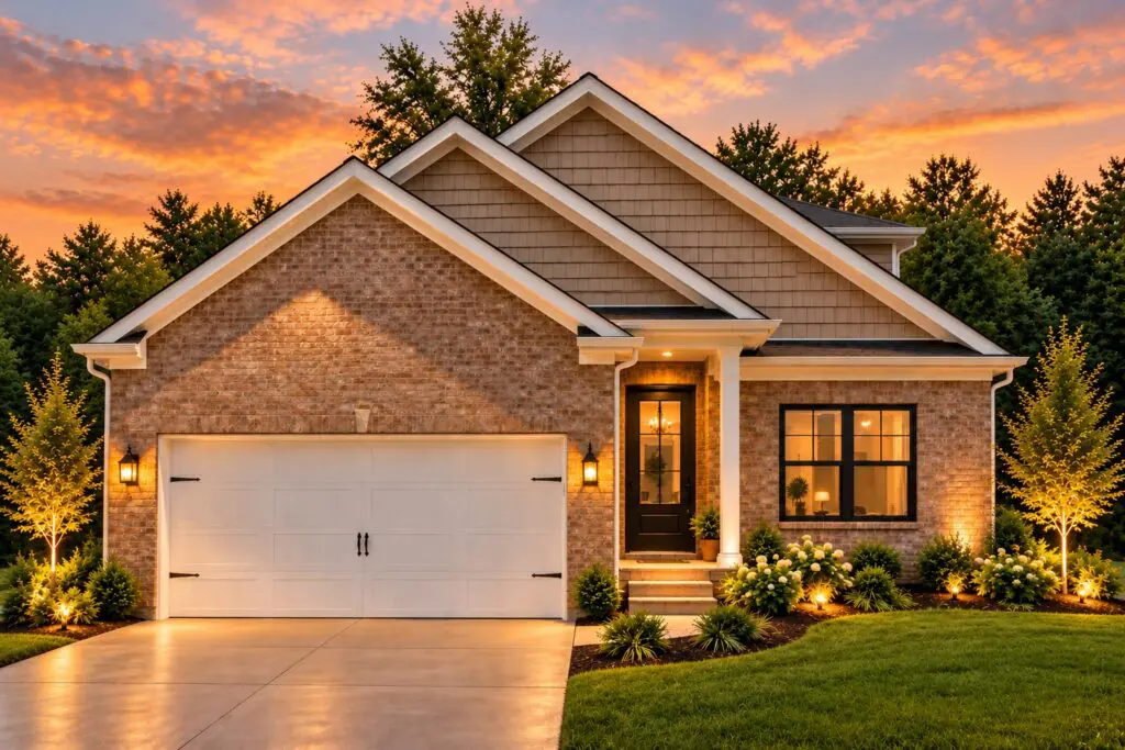 Beautiful suburban home with landscaped yard at sunset