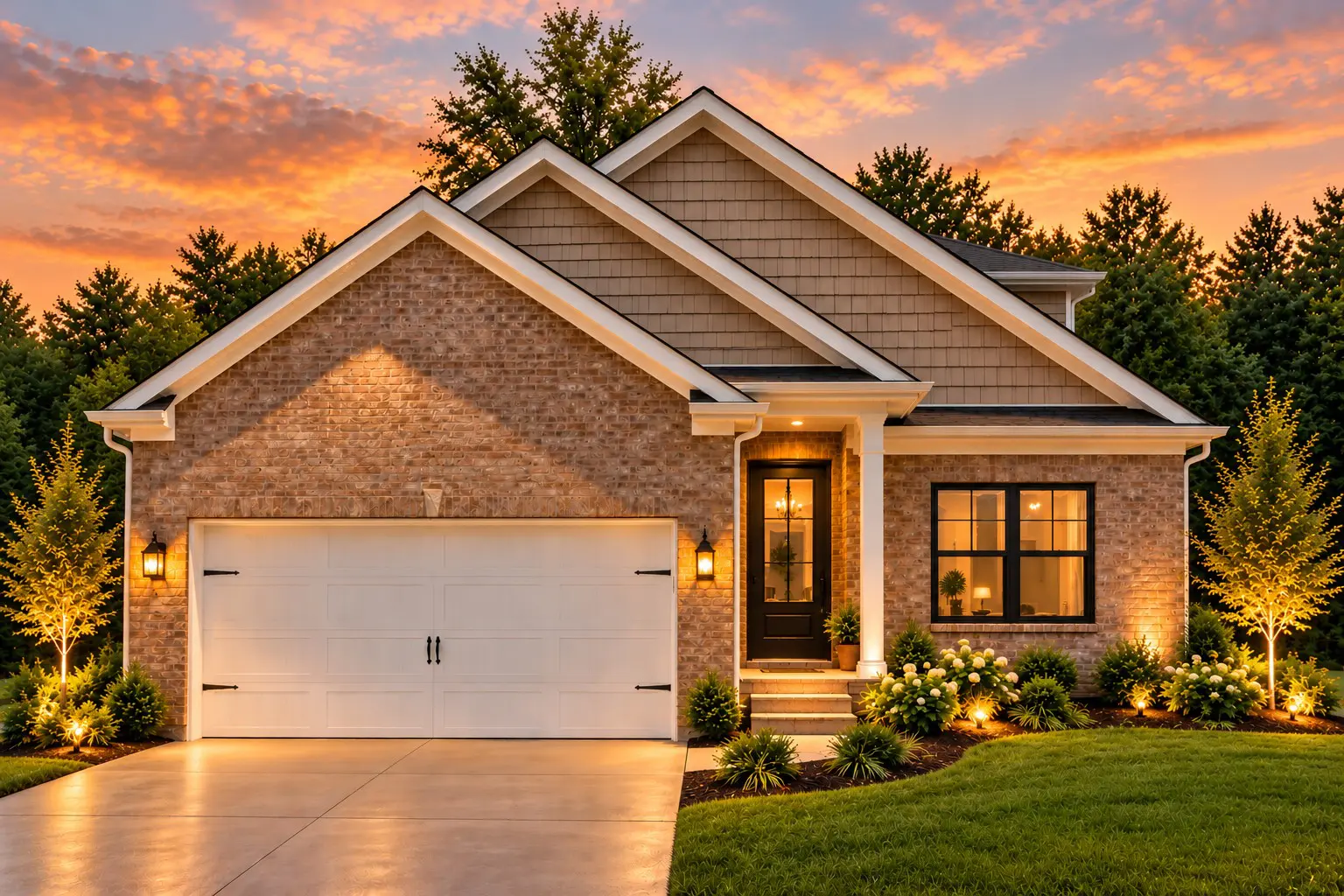 Beautiful suburban home with landscaped yard at sunset