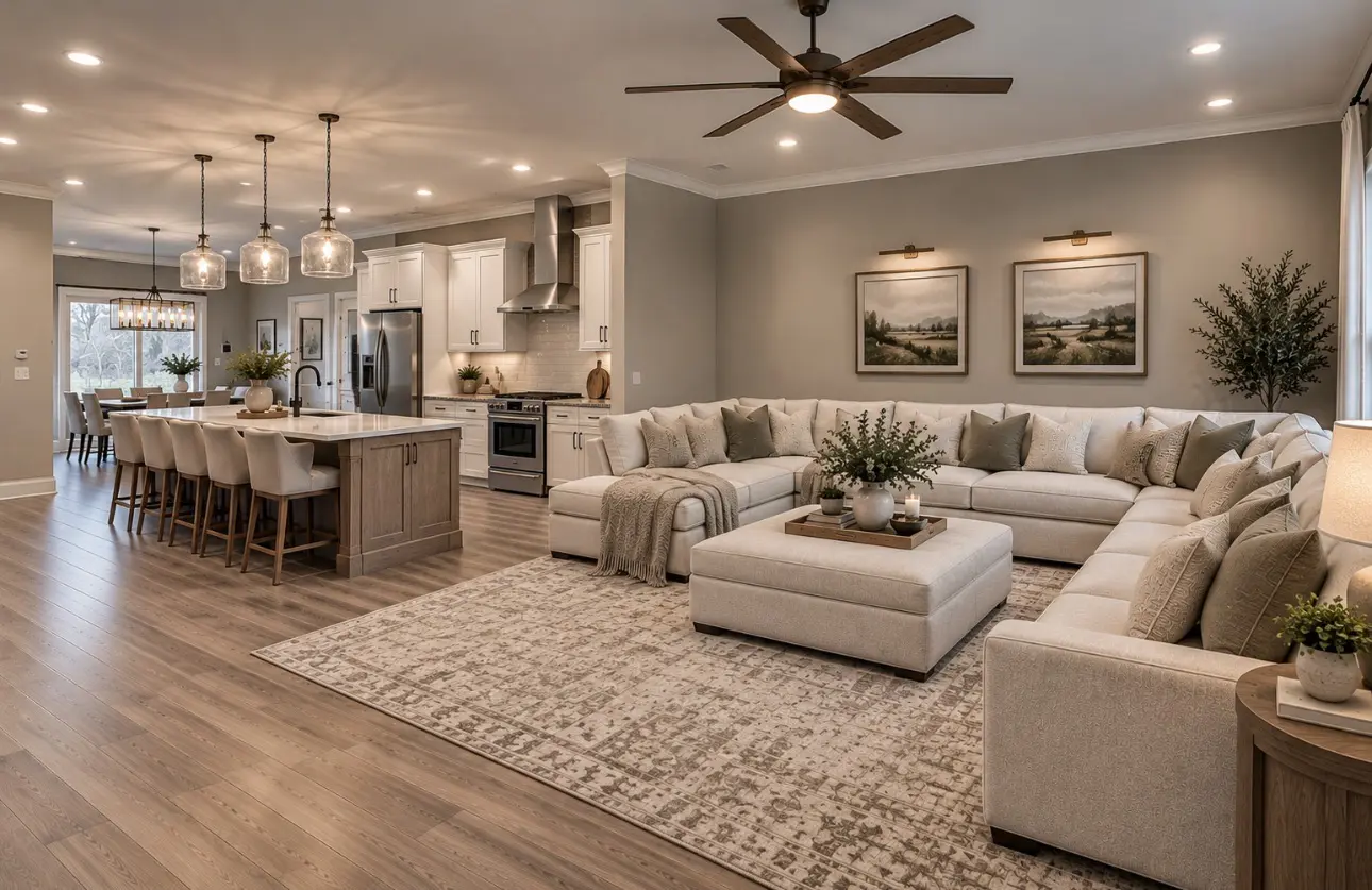 Modern kitchen and living room interior