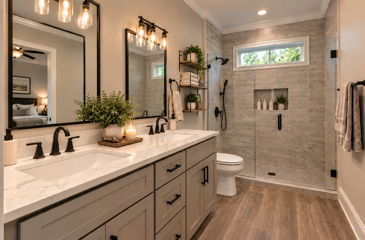 Modern bathroom with double vanity and shower