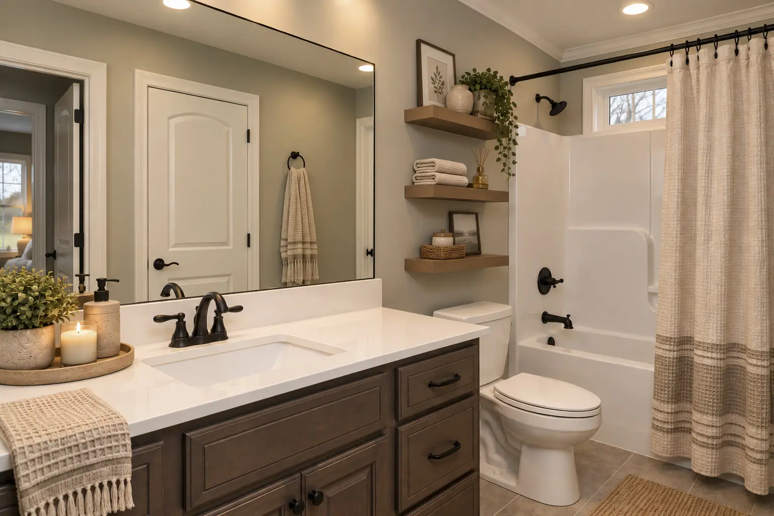 Stylish bathroom with floating shelves and shower