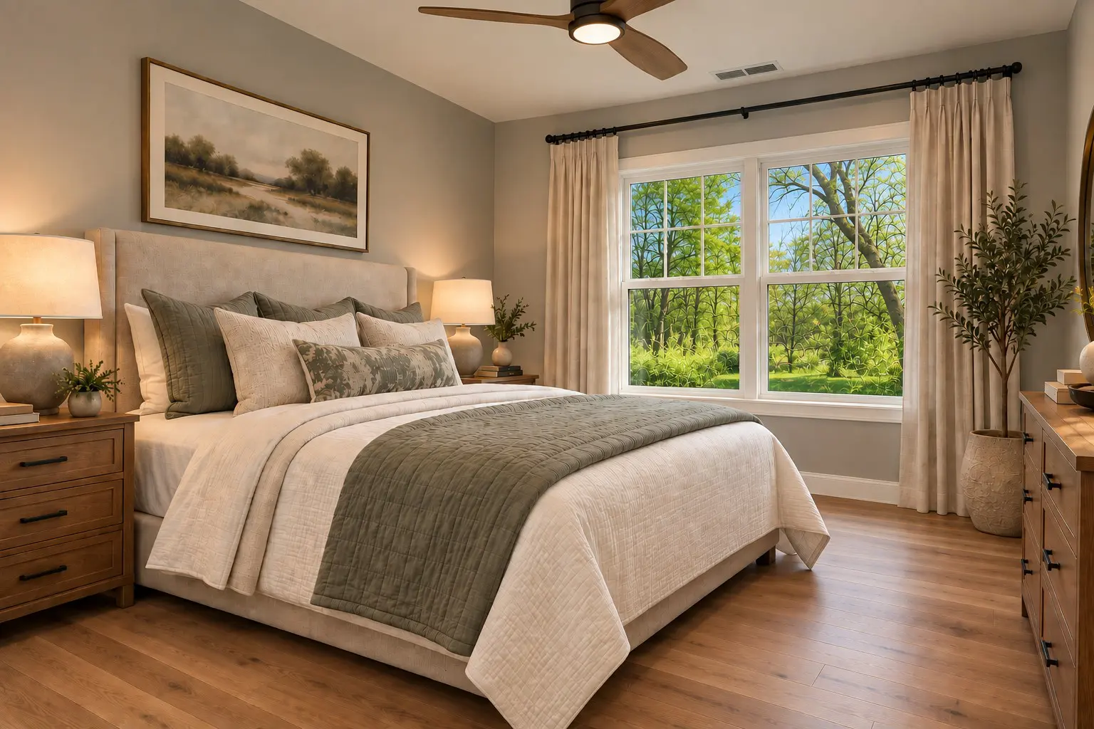 Cozy bedroom with green and cream decor