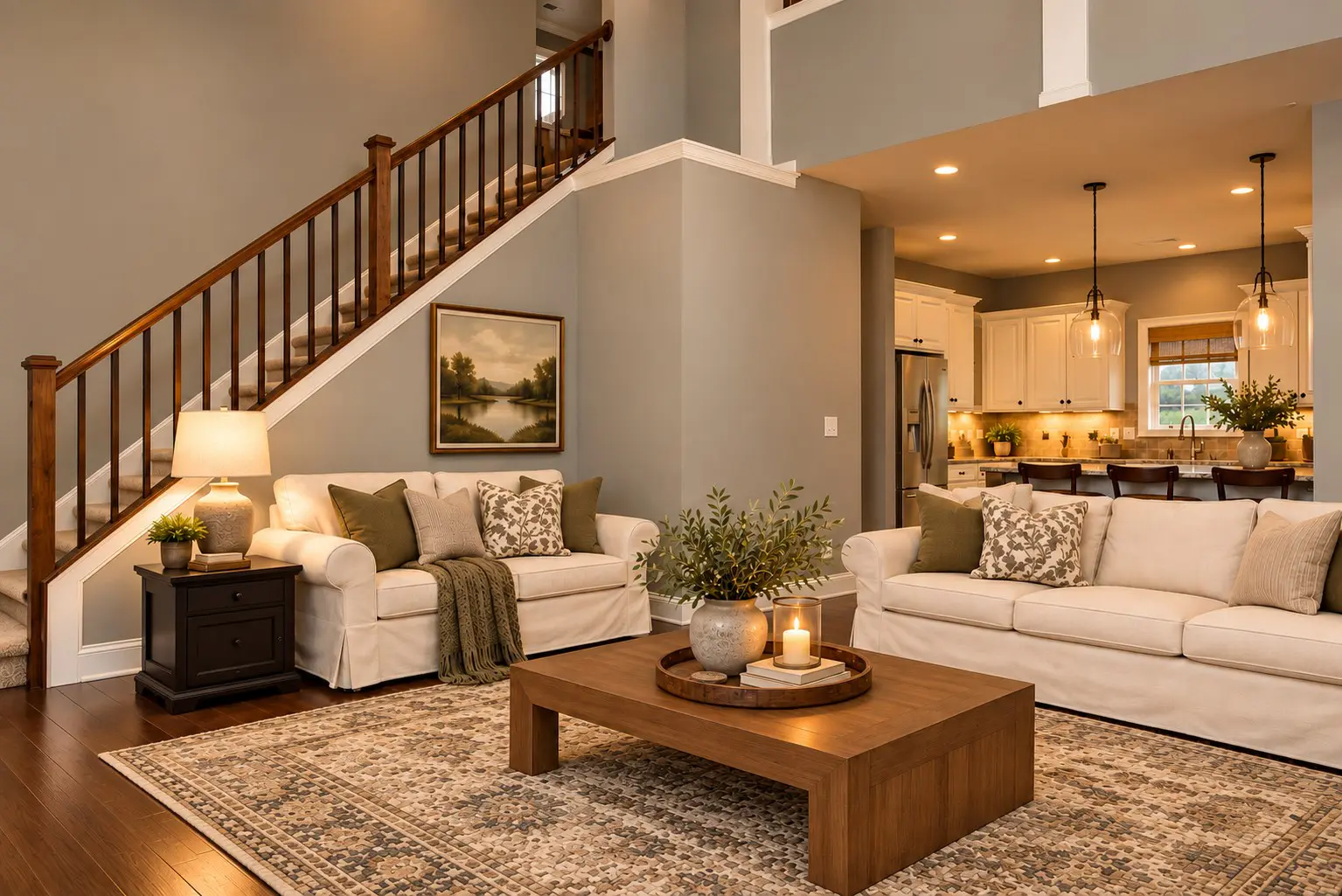 Cozy living room with open kitchen