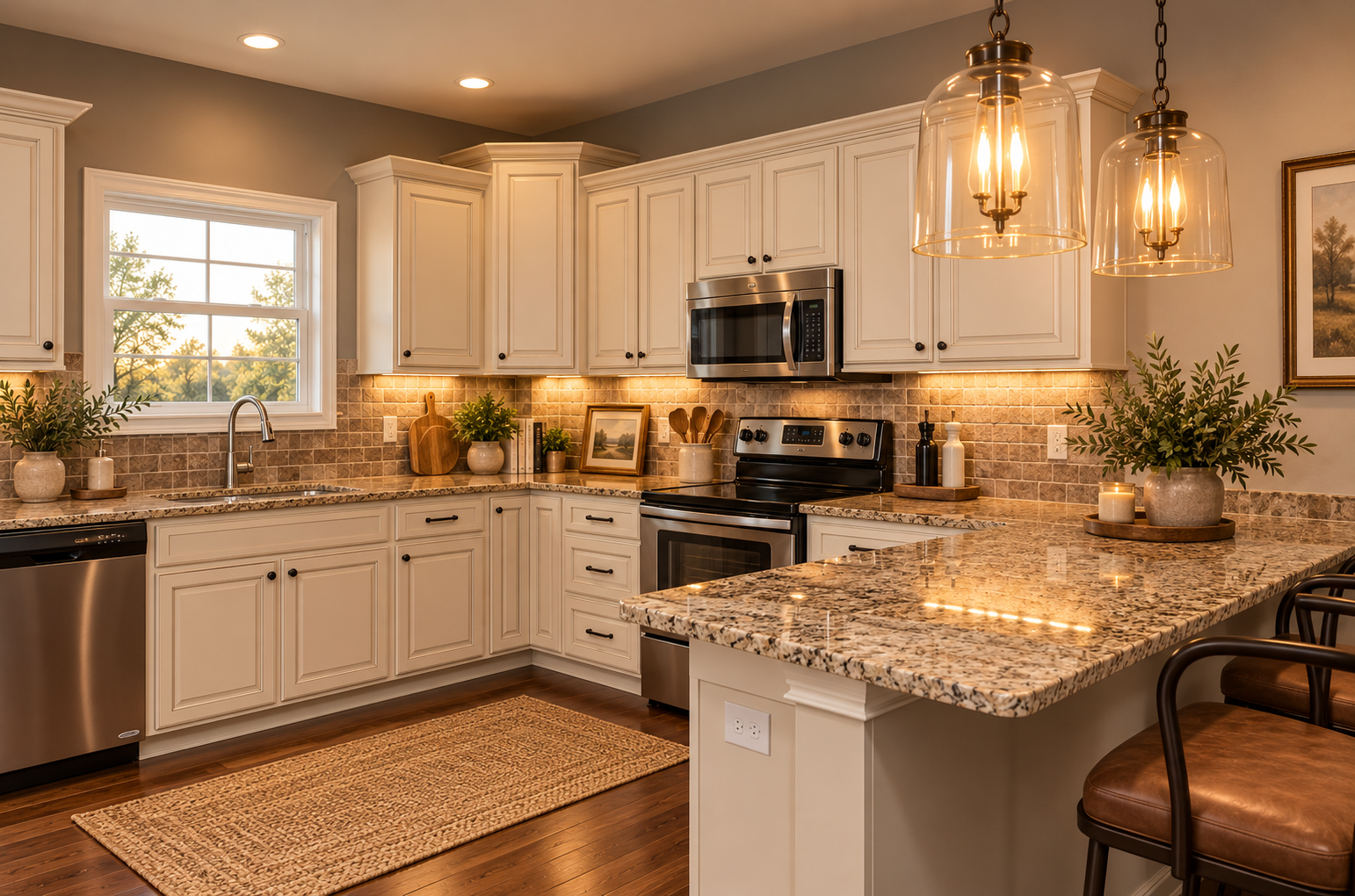 Modern kitchen with white cabinets and granite countertops