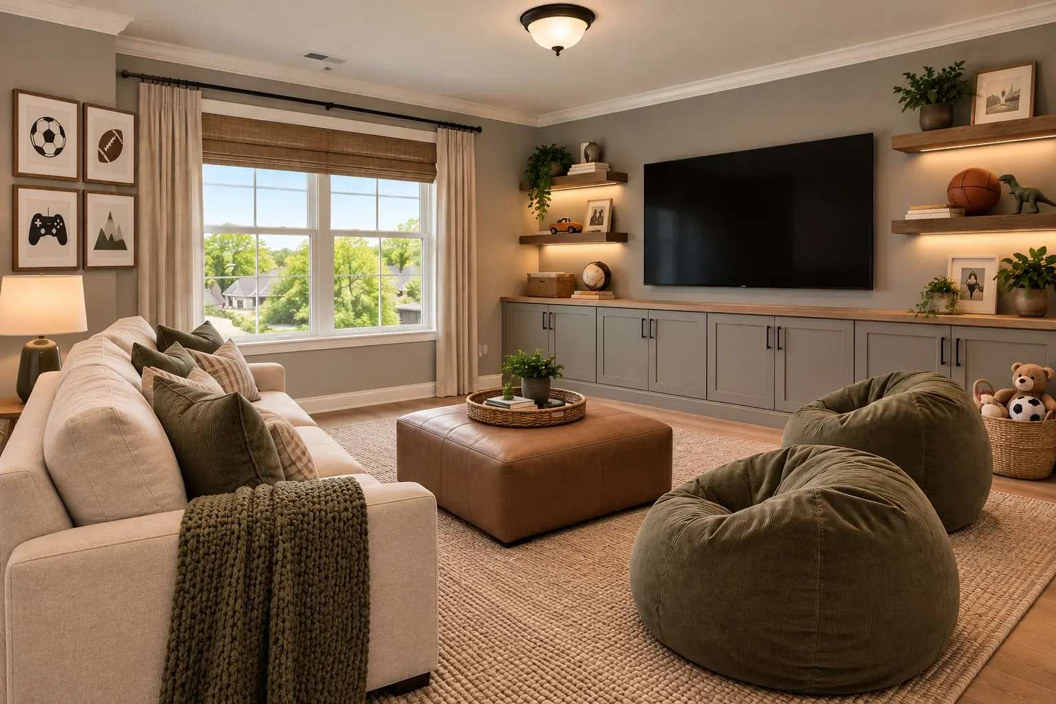 Modern media room with bean bags