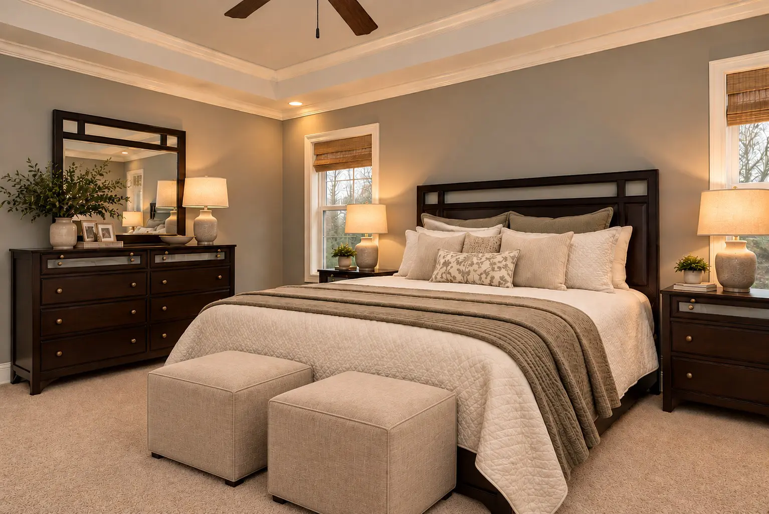 Stylish bedroom design with textured bedding and carpet