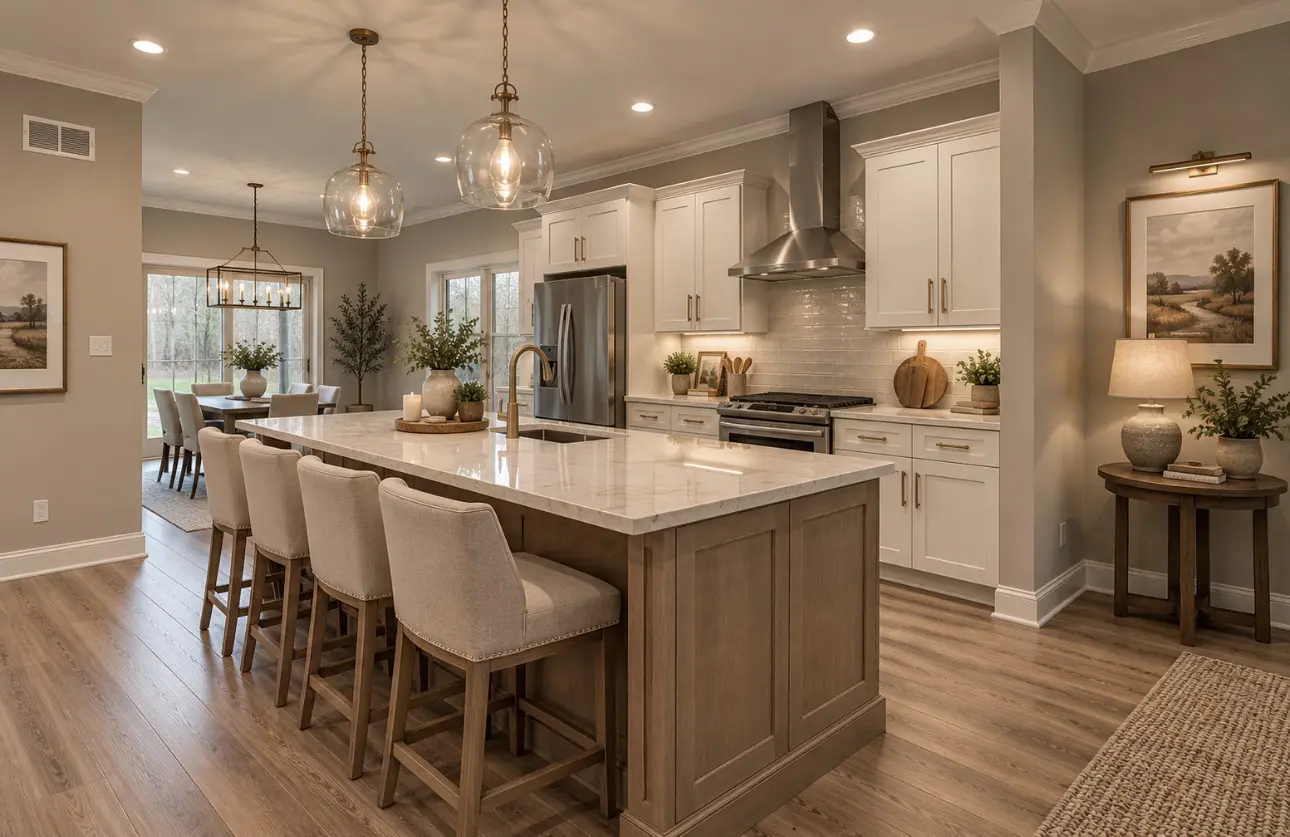 Elegant kitchen design with white cabinets and island