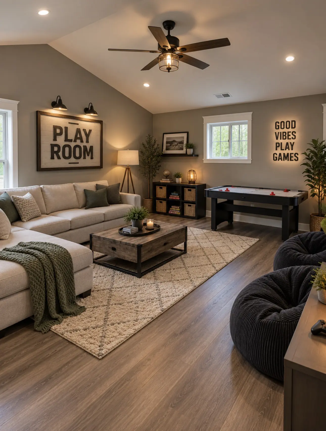 Stylish game room with "Play Room" sign