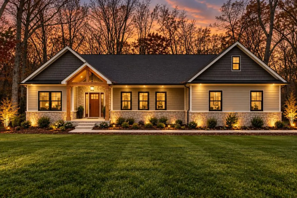 New construction home exterior with landscaping lights
