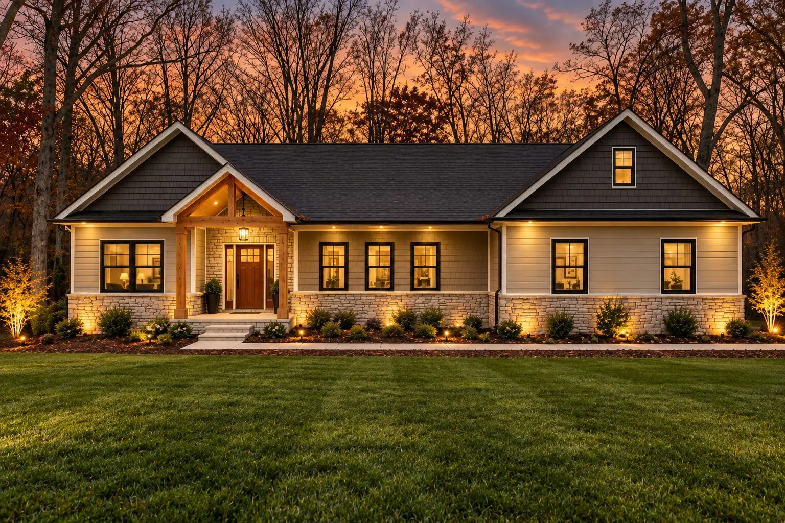 New construction home exterior with landscaping lights