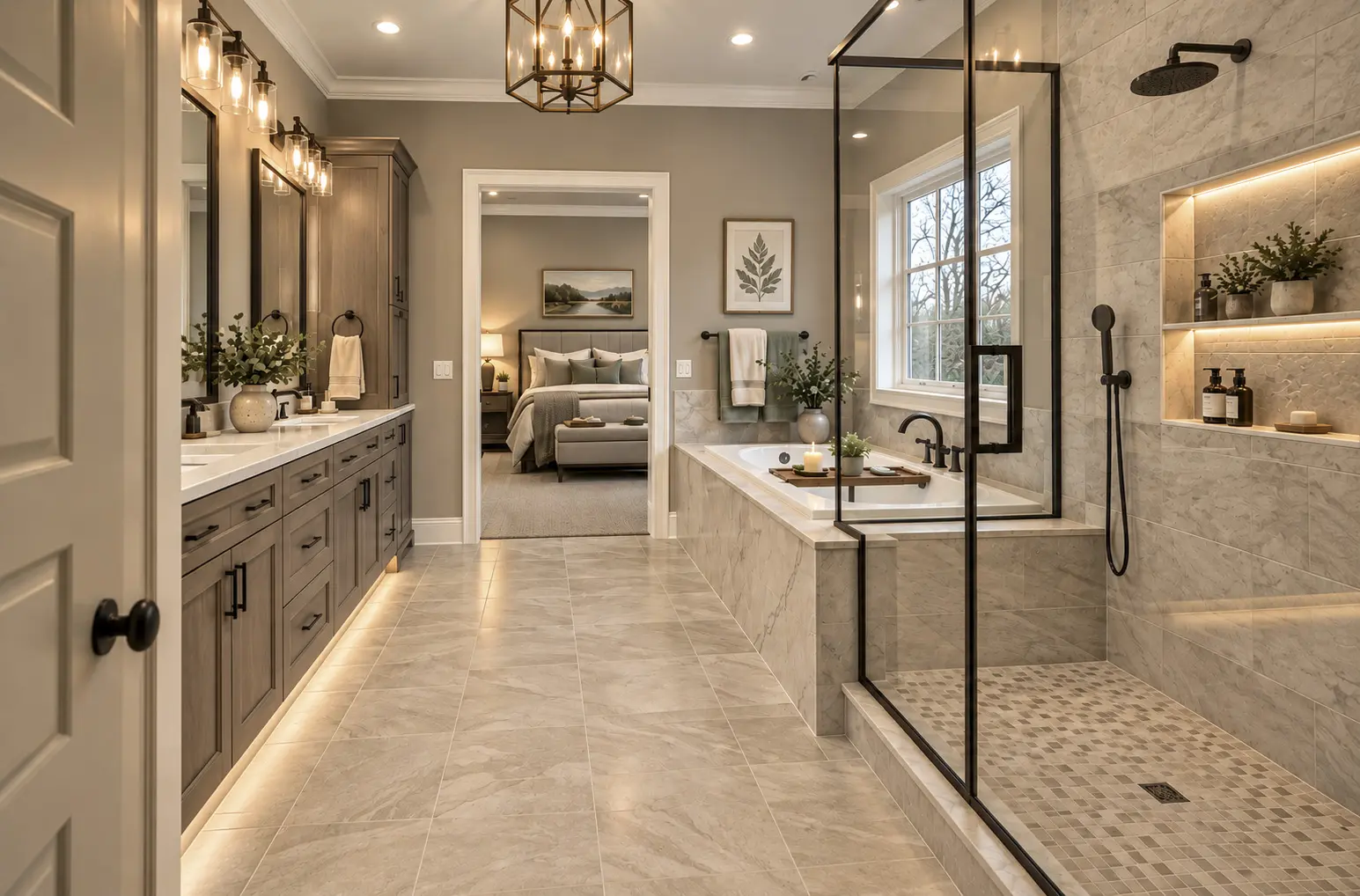 Elegant master bathroom with tile floor and warm lighting