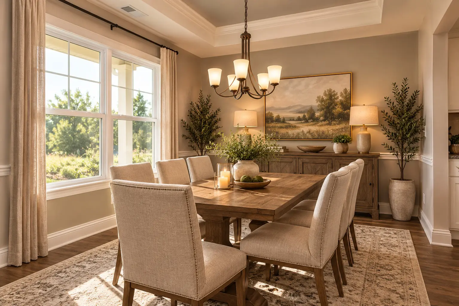 Modern dining room with large window and chandelier