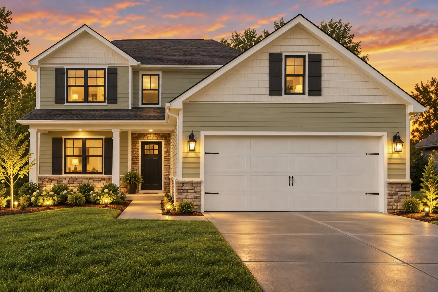 Beautiful house with illuminated landscaping